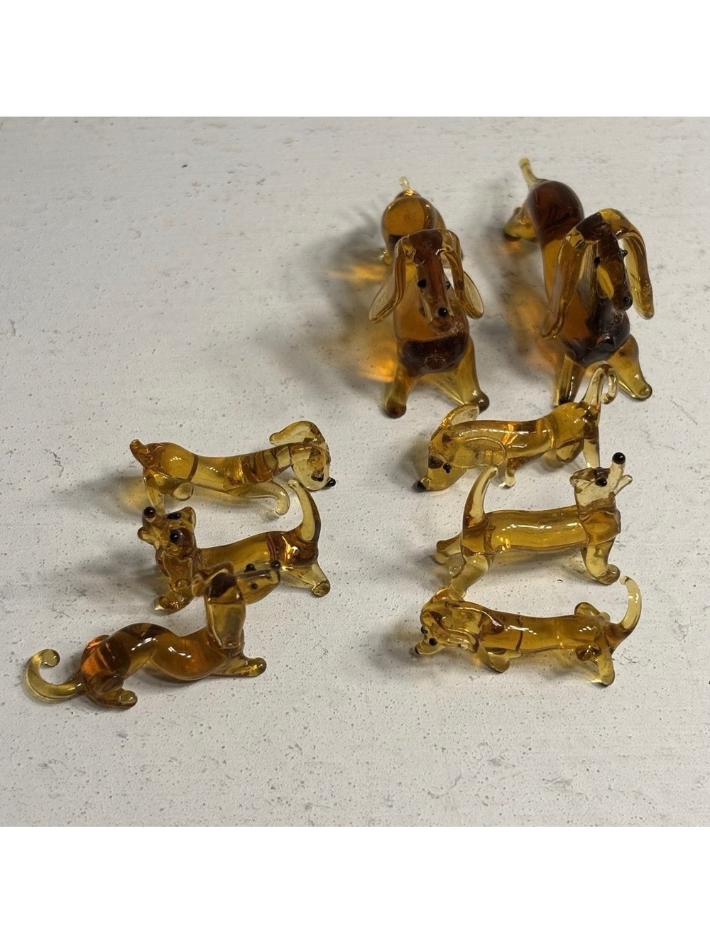 Dachshund Amber Brown Handblown Art Glass Dog Family Set of 8 READ